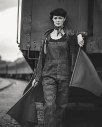 Monochrome portrait of a woman in pinstripe overalls and a beret holding two flags beside a train car.