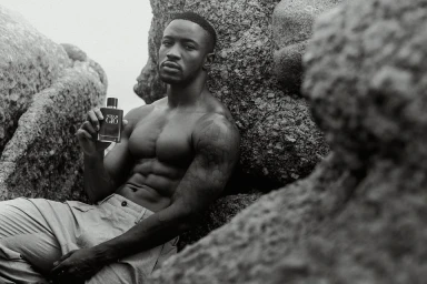 Black and white portrait of a shirtless man holding a perfume bottle amidst rocky boulders outdoors