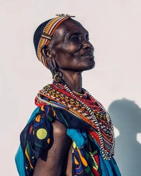 Elderly woman in profile wearing colorful beaded necklaces and a patterned cloth against a plain background