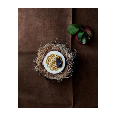 Overhead shot of passion fruit and an apple on a brown cloth, showcasing a fruit arrangement with natural light and earthy tones.