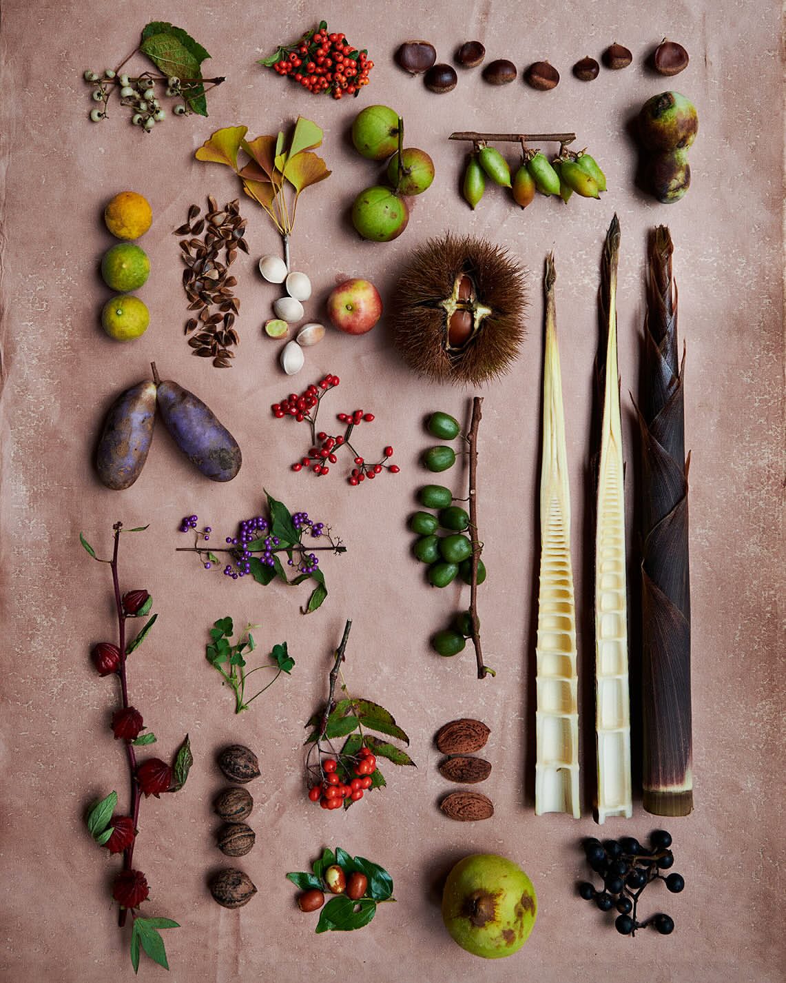 Overhead shot of assorted fruits, vegetables, nuts, and bamboo shoots arranged on a pink textured surface, showcasing autumn harvest.