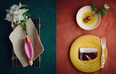 Top-down still life photography featuring food and botanical arrangements split across green and red textile backgrounds.