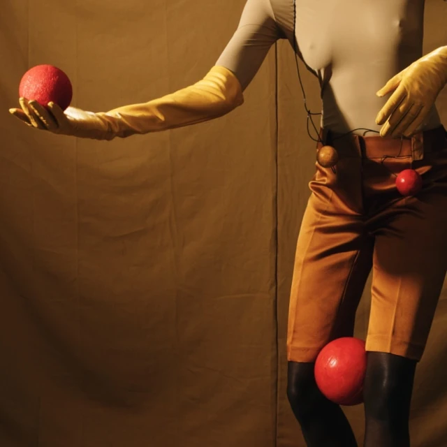 Person in a beige bodysuit and ochre shorts with red balls, against an ochre background. Creative fashion studio shot.