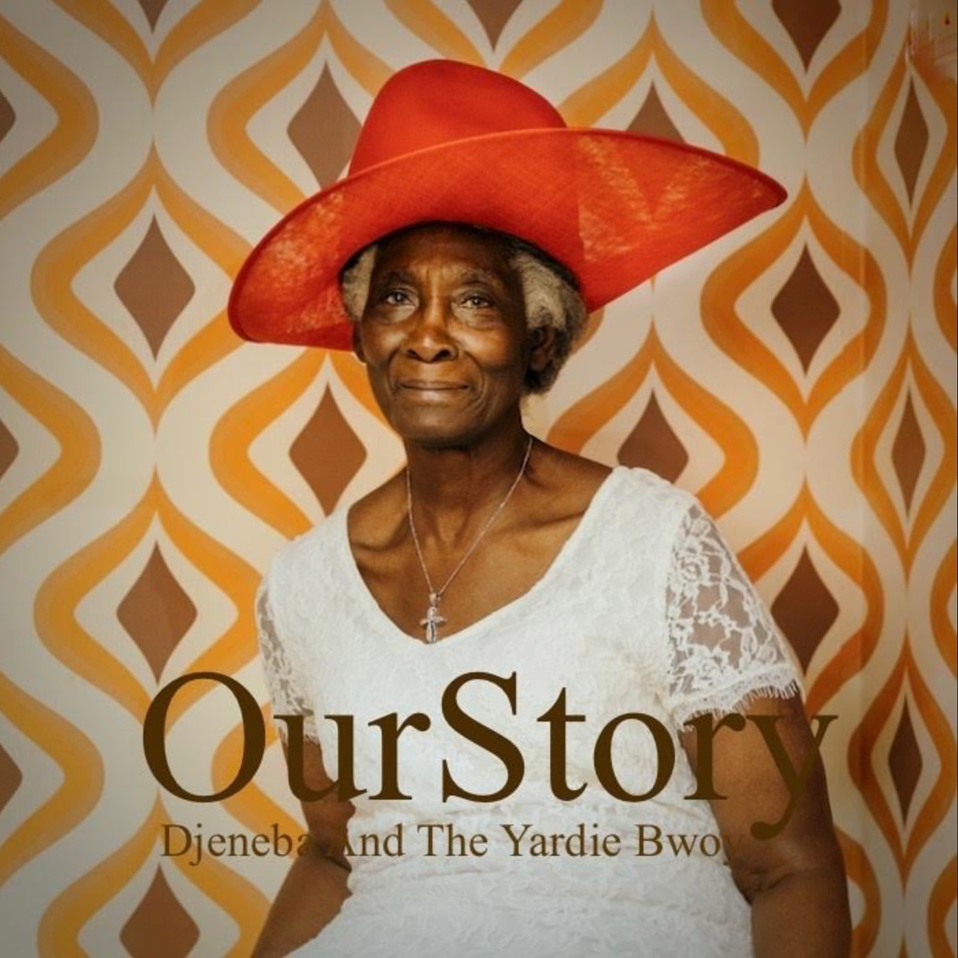 Portrait of an elderly Black woman wearing an orange hat and white dress against a patterned orange and brown background.