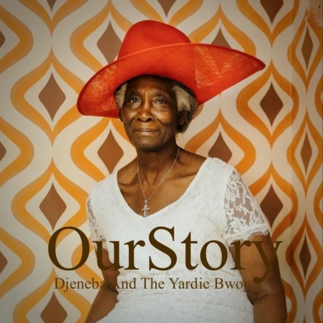 Portrait of an elderly Black woman wearing an orange hat and white dress against a patterned orange and brown background.