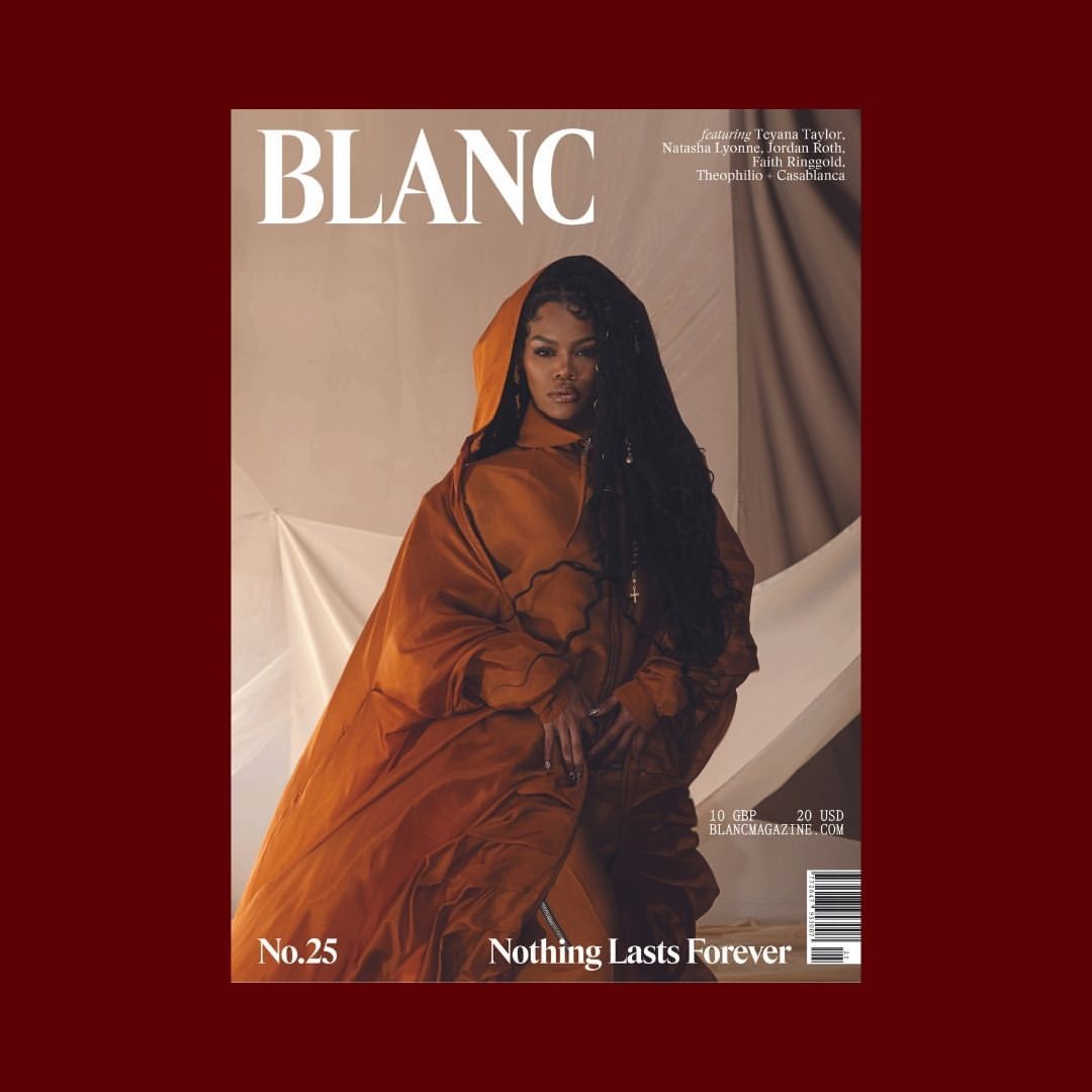 Fashion magazine cover featuring an adult female model wearing a draped, hooded garment. The cover features the magazine name 'BLANC'.