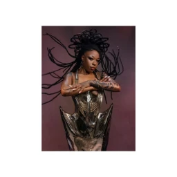 Black woman with braided hair wearing a metallic sculpted corset and tattoos, photographed by Djeneba Aduayom.