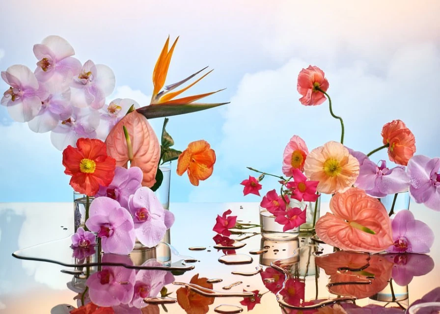 Still life of colorful orchids, poppies, anthuriums and bird of paradise flowers arranged in small vases against a cloudy sky backdrop.
