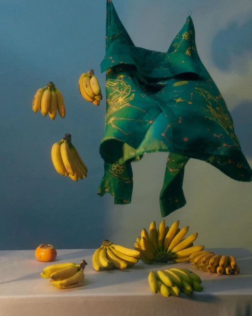 Still life food photography featuring bunches of bananas, a persimmon fruit, and a patterned green cloth set on a white surface.