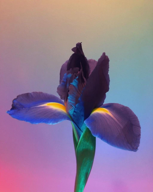 Close-up of an iris flower featuring vibrant blue and purple petals with a yellow accent, set against a softly blurred gradient background.