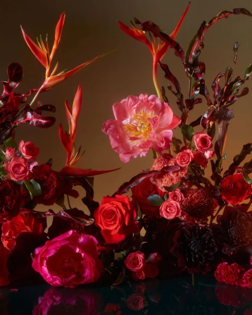 Dramatic floral arrangement on a dark glossy surface featuring roses, peonies, and bird of paradise flowers with reddish-purple foliage.