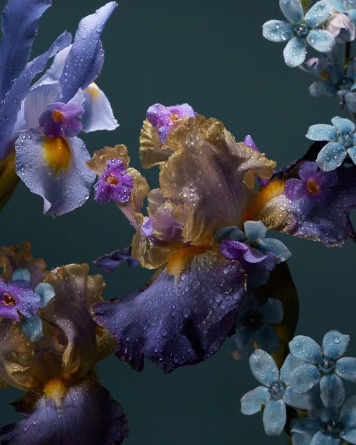 Close-up of colorful iris flowers, including blue, purple, and yellow hues, covered in water droplets against a dark green background.