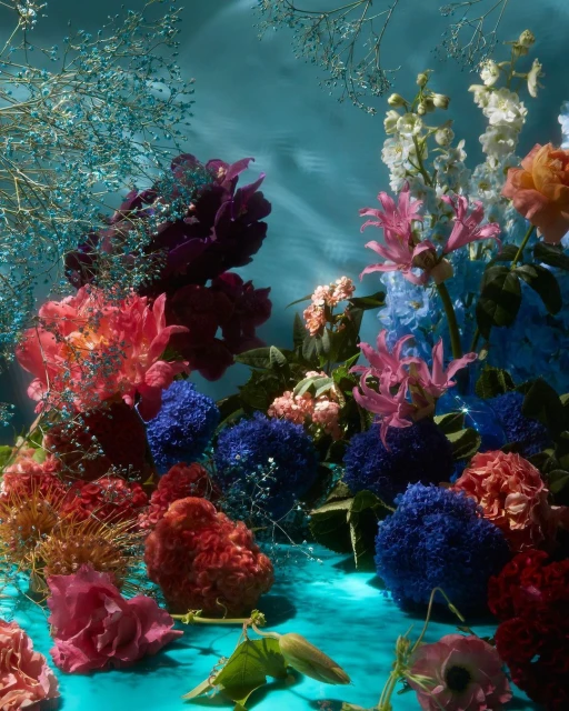 Floral arrangement featuring a variety of colorful flowers, including roses, peonies, and lilies, set against a textured teal background.