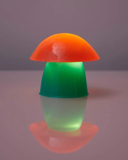A mushroom-shaped lamp shines with orange, green, and white light, creating a colorful and playful illumination on a reflective surface.