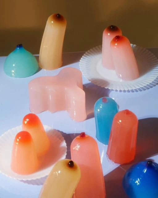 Collection of colorful glass sculptures in various shapes and sizes against a gradient background, presented in a studio setting.