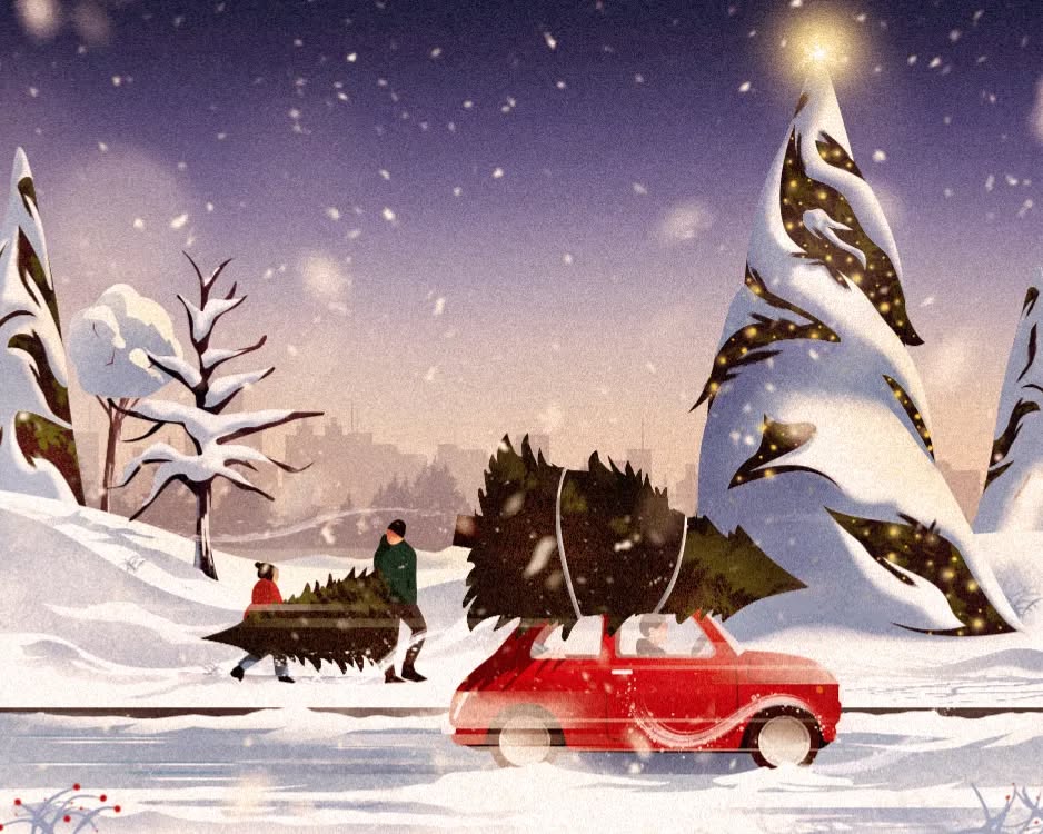 Illustration of two people pulling a Christmas tree on a sled next to a car with a tree on top against a snowy landscape backdrop.