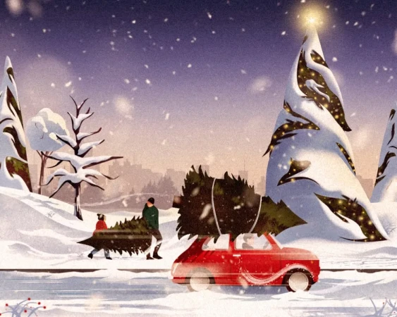 Illustration of two people pulling a Christmas tree on a sled next to a car with a tree on top against a snowy landscape backdrop.