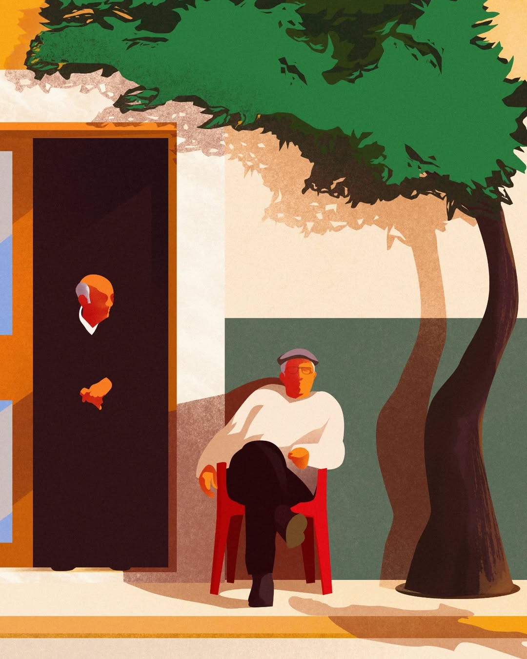 Artwork depicting two men outdoors; one is seated under a tree in a red chair, the other is standing in a doorway.