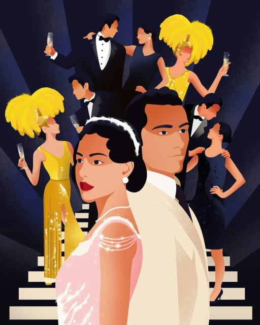 Illustration of a group of people in evening wear, gathered on stairs at a formal event, sipping champagne against a blue background.