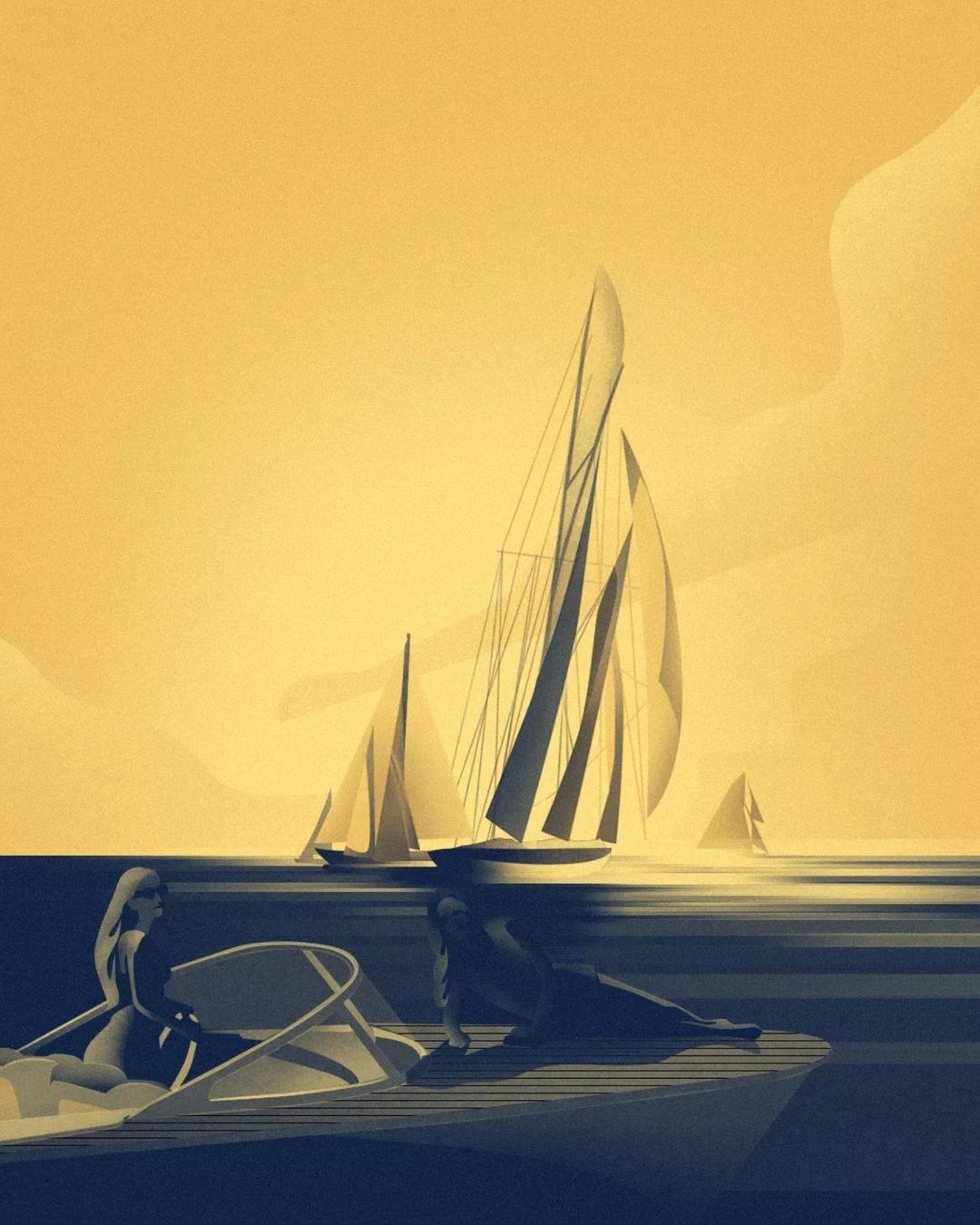 Illustration of two people in a boat sailing on water with sailboats in the background under a yellow-toned sky, conveying a serene nautical scene.