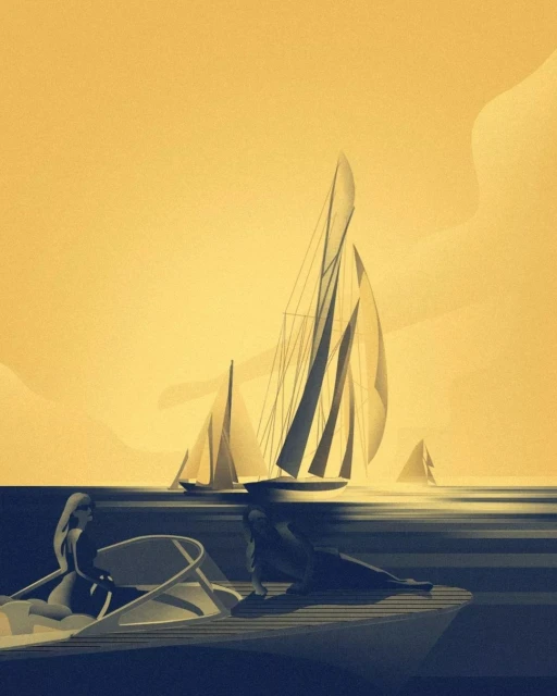 Illustration of two people in a boat sailing on water with sailboats in the background under a yellow-toned sky, conveying a serene nautical scene.