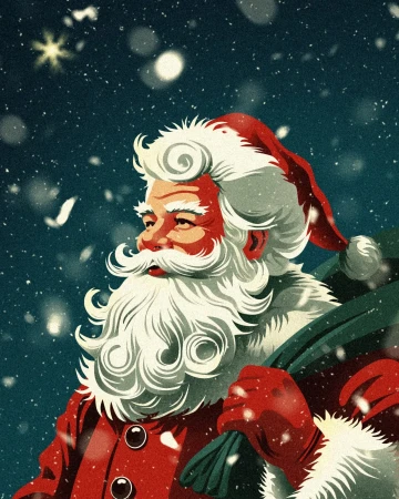Illustration of Santa Claus with a white beard and red suit carrying a green bag on his back in a snowy, star-lit scene.
