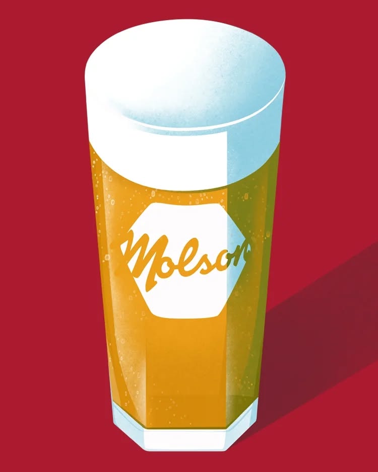 Illustration of a glass of amber-colored beer with white foam, featuring the Molson logo, set against a solid red background.