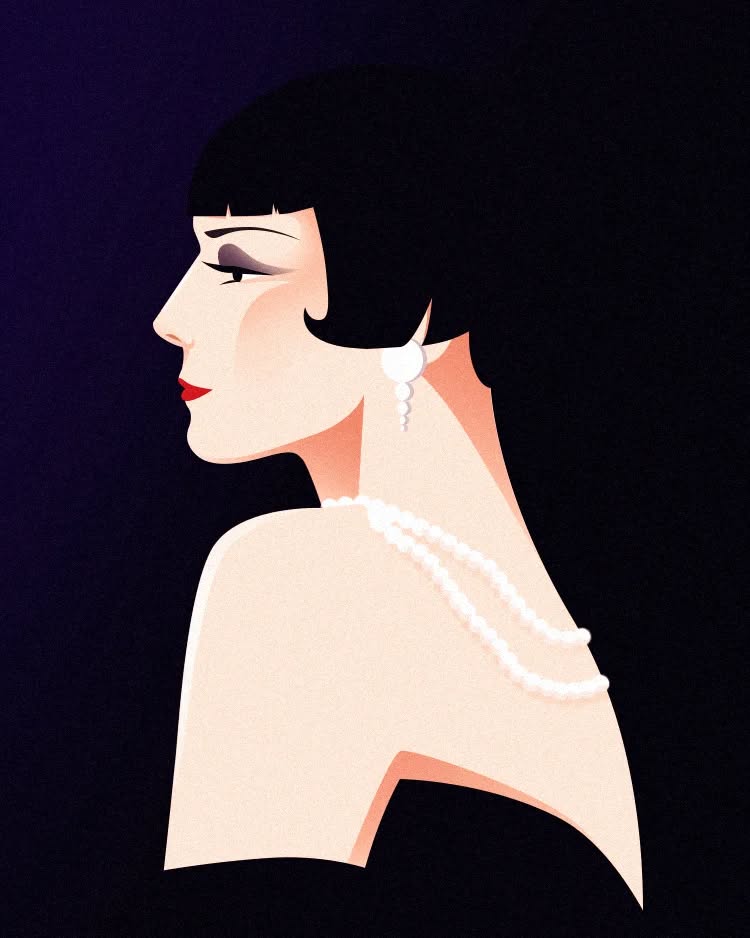 Illustration of a woman with a bob hairstyle wearing a pearl necklace and earrings against a dark gradient background.