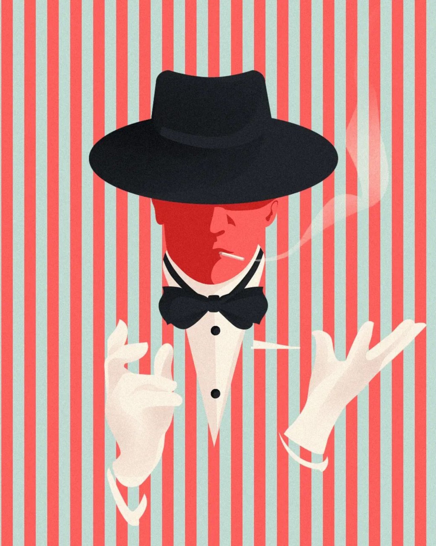 Stylized illustration of a man wearing a suit, bowtie, and hat, holding a cigarette, set against a red and blue striped background.