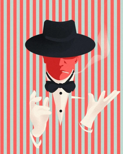 Stylized illustration of a man wearing a suit, bowtie, and hat, holding a cigarette, set against a red and blue striped background.