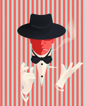 Stylized illustration of a man wearing a suit, bowtie, and hat, holding a cigarette, set against a red and blue striped background.