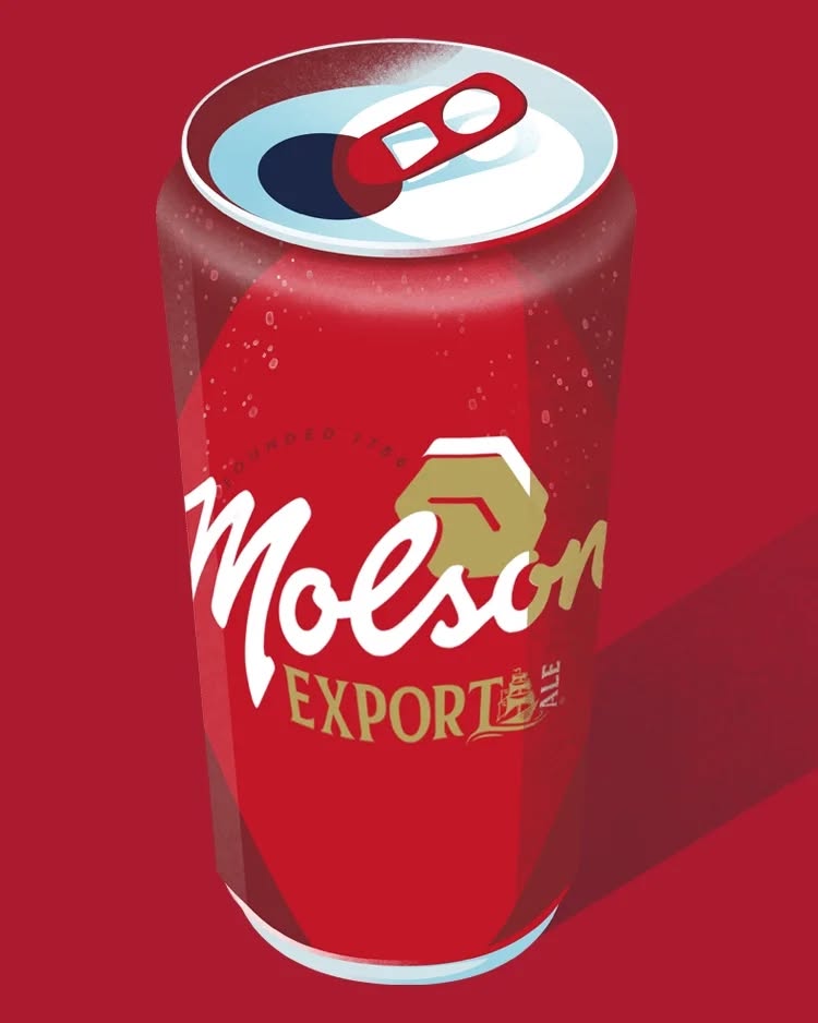 Illustration of a red Molson Export Ale can with condensation droplets and an open top, against a plain red backdrop.