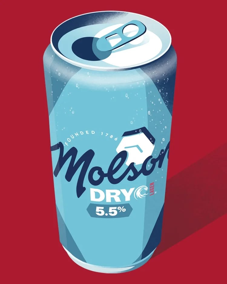 Illustration of a Molson Dry beer can, light blue with white accents and a dark blue logo, set against a solid red background.