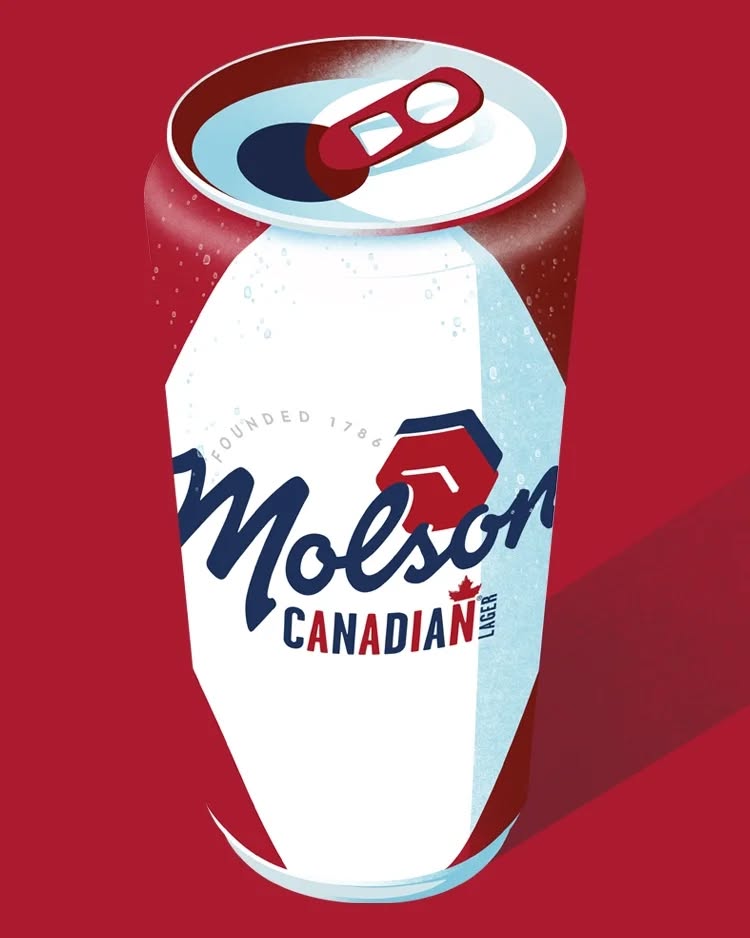 Illustration of a Molson Canadian Lager beer can with a red, white, and blue label against a solid red background. 