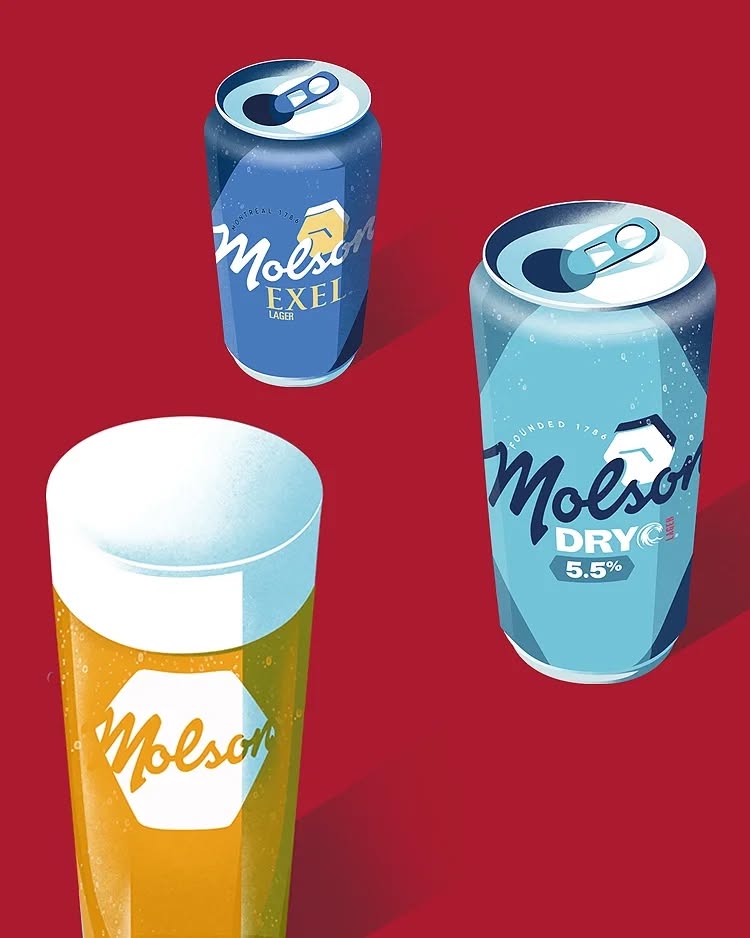 Illustration of Molson beer products featuring a glass of beer, blue Molson Exel beer can, and light blue Molson Dry beer can on red backdrop.