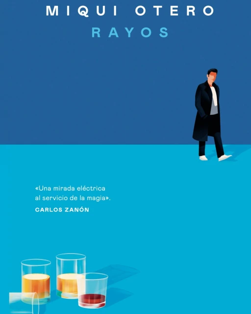 Book cover illustration features a person walking on a horizon line with glasses of liquid on a blue background and white text.