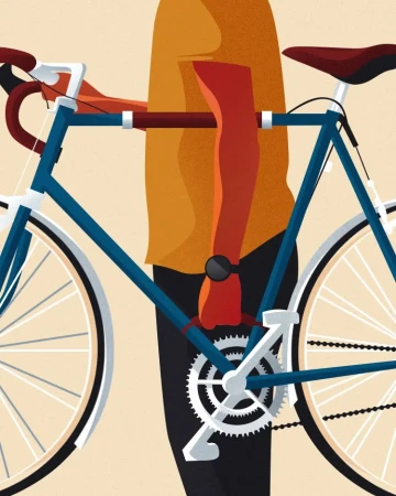 Illustration of a person holding a blue bicycle against a light beige background, showcasing an artistic design with detailed mechanical parts.
