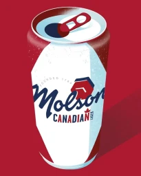 Illustration of a beer can featuring Molson Canadian branding against a solid red background with a cast shadow.
