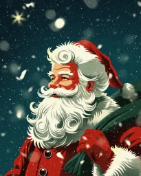 Illustration by Domagoj Sokcevic of Santa Claus with a white beard carrying a green sack amidst falling snowflakes against a dark night sky.