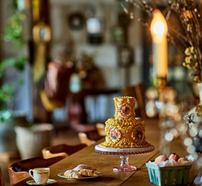 Golden tiered cake with floral accents sits on a table with croissants, peaches, and a teacup in a warm, inviting setting.