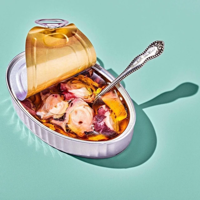 Open silver can of octopus in olive oil, antique spoon inside, teal background, studio lighting, overhead view, gourmet food.