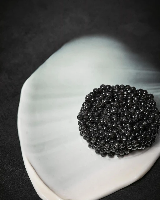 Close-up shot of black caviar arranged on an off-white curved plate against a dark background, food photography, studio lighting.