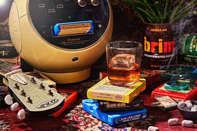 Still life photo featuring a vintage Welltron 8-track player, glass of whiskey with large ice cube, and stacked 8-track tapes on an oriental rug.