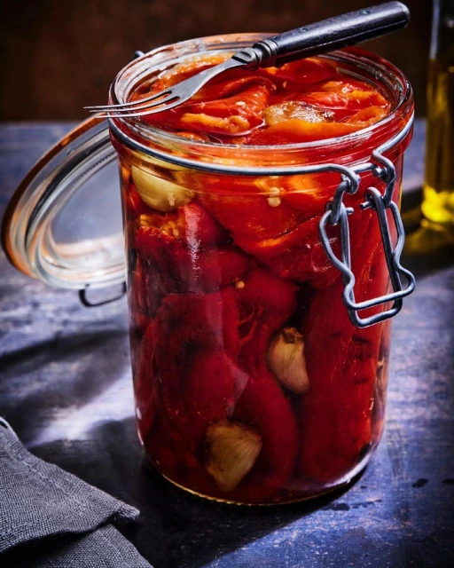Open glass jar filled with pickled red peppers, topped with garlic cloves and a fork, sitting on a dark tabletop with a grey cloth.