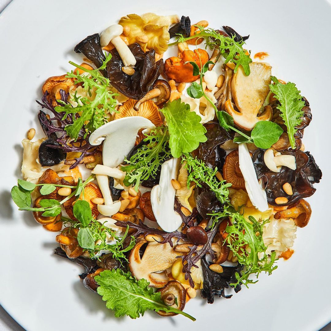 Overhead shot of a vibrant medley of assorted mushrooms, complemented by fresh greens and scattered pine nuts on a square white plate.