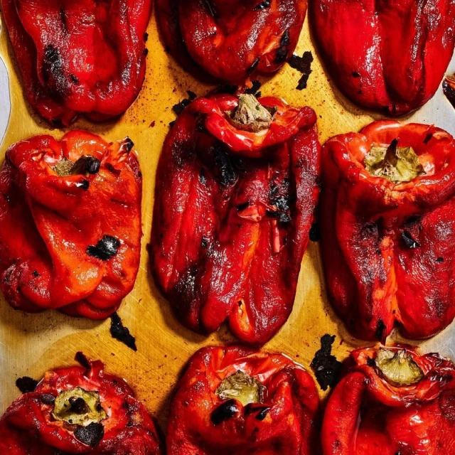 Overhead view of a group of roasted red bell peppers on a yellow surface, highlighting the charred skins and vibrant color.