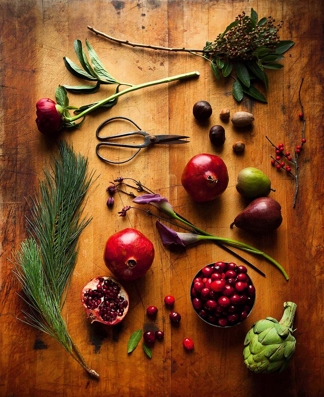 Overhead shot on rustic wood table featuring pomegranates, cranberries, pears, artichoke, nuts, flowers, and antique scissors.