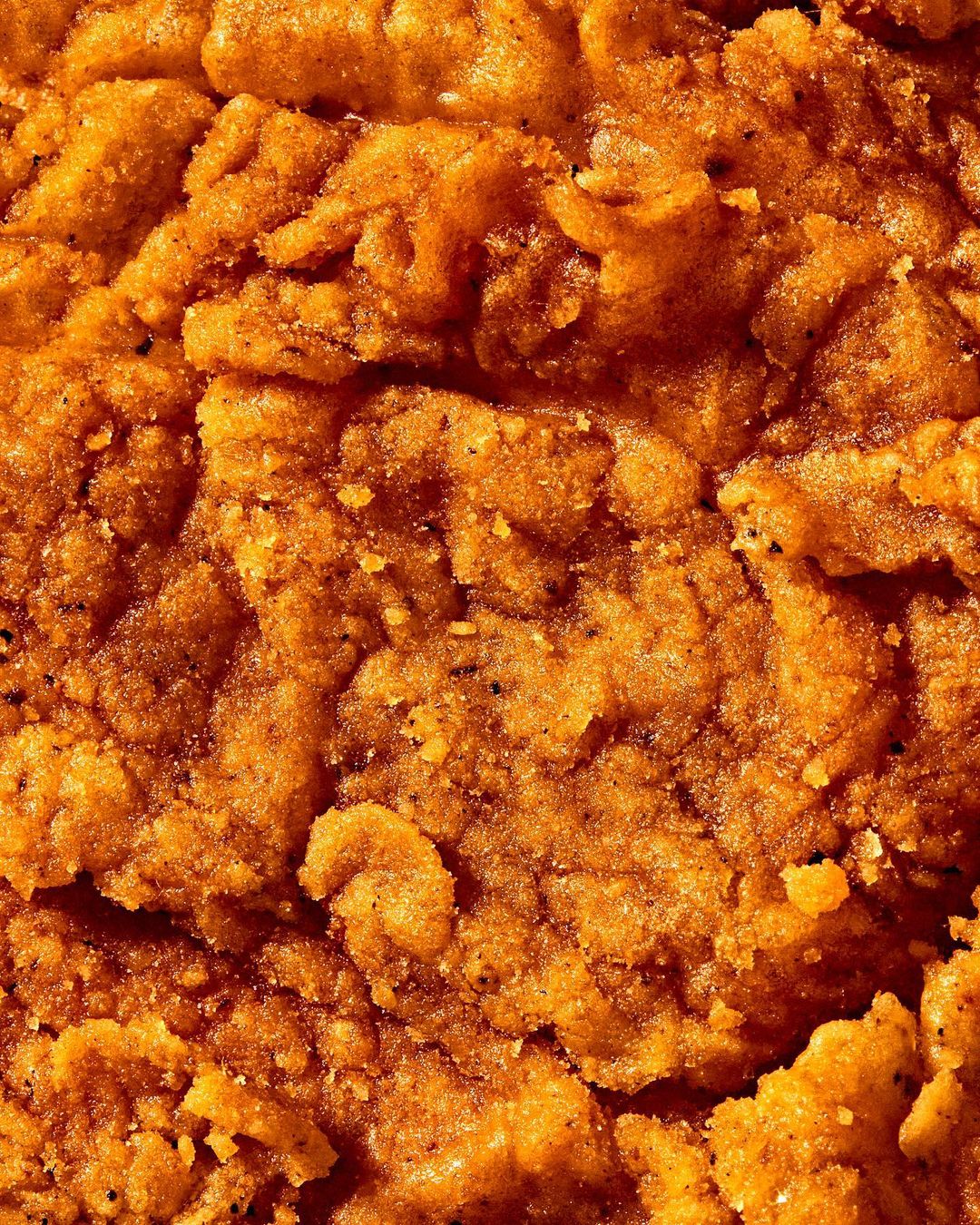 Close-up of a crispy, golden-brown fried food item, showcasing a rough and textured surface with small specks of seasoning.
