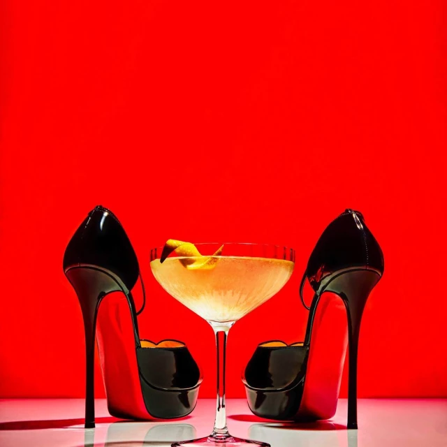 High heels and a cocktail glass with a lemon twist against a vibrant red backdrop create a chic and alluring visual composition.