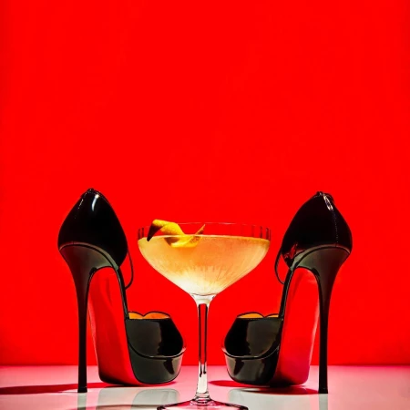 High heels and a cocktail glass with a lemon twist against a vibrant red backdrop create a chic and alluring visual composition.